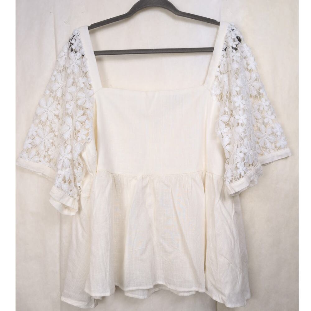 White Birch linen blend floral crochet sleeve top Size 2X Boho Cottage Coastal